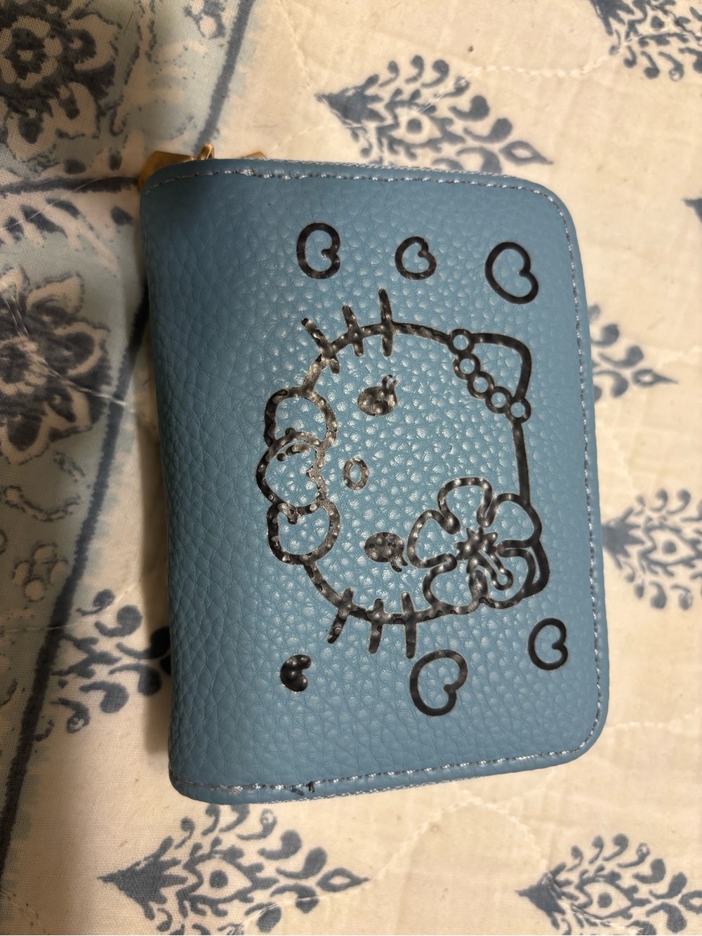 Hello Kitty Blue Pebbled Zip Wallet with Heart & Floral Sketch